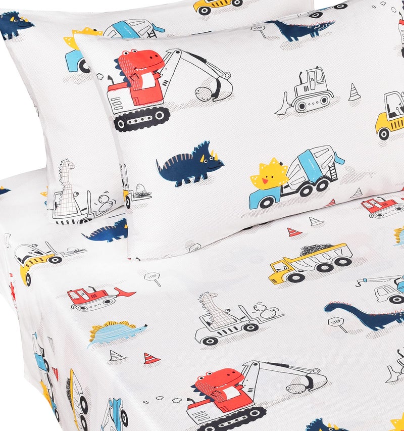 J-pinno J pinno Dinosaur Construction Work Digger Cars Vehicle Cute Cozy Fun Full Sheet Set for Kids Girls Children 100% Cotton Flat Sheet + Fitted Sheet + Pillowcase Bedding Set (Dinosaur  Full) - Image 2